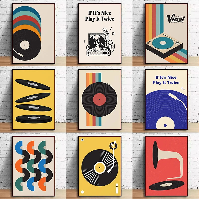 Home Decor Design Interior - Orta Yüzyıl Vinil Plak Kanvas Duvar