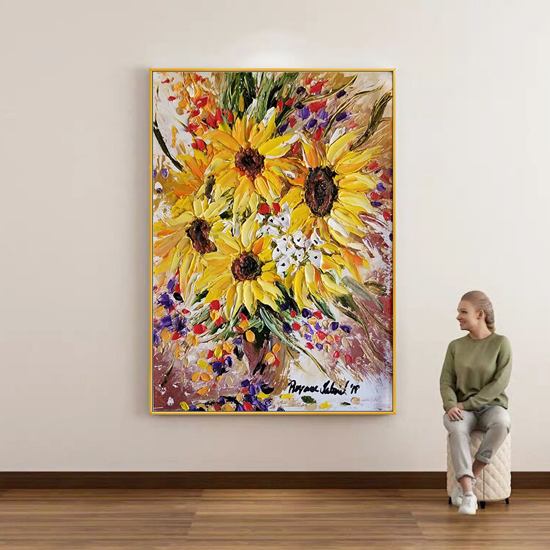 Home Decor Color Palettes - Canlı 3D Impasto Ayçiçeği Yağlı Boya
